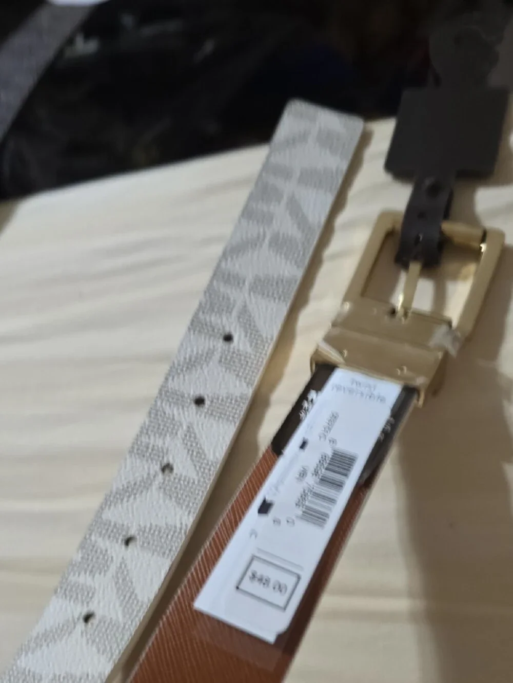Michael Kors Womens Reversible White Logo Belt with Gold Buckle